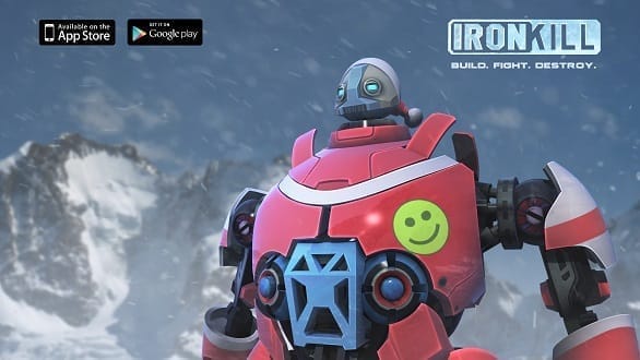 Ironkill Screenshot showing a robot, called Frostbot, standing in a snowy landscape with a blizzard blowing around him. 