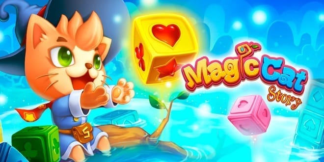 Magic Cat Story Key ARt decpiting a cartoon cat wearing clothes on the left in a brightly colored fairytale landscape 