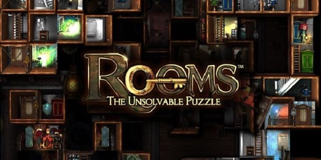 Rooms The Unsolvable Puzzle artwork displaying several strange-looking rooms around the does with the title of the game in the middle of the screen. 