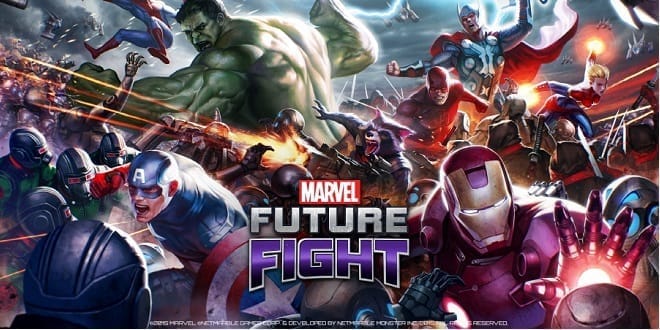 Marvel Future Fight Key Art Showing an ensemble of Marvel characters in a big brawl with the game's logo in the centre foreground. 