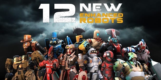 Ironkill Key Art depicting a dozen cartoonish robot characters looking towards the viewer with text above their heads