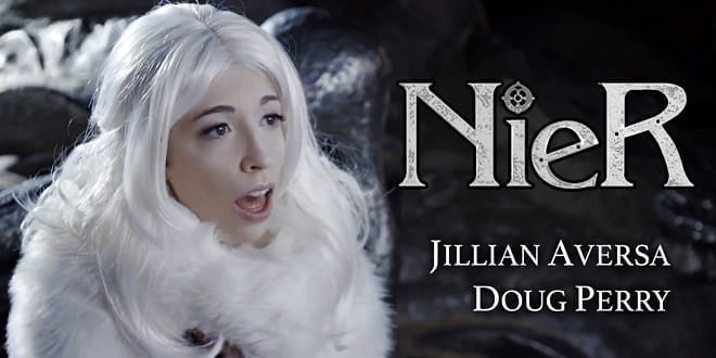 YouTube thumbnail showing a white-haired young woman dressed in white fur with the word "Nier" written to her right. 