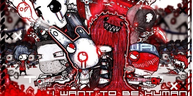 I want to be human artwork, showing a strange red, black and white creature standing in a mess of gore and viscera. 