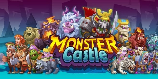 Monster Castle artwork depicting various zany cartoon monster character gathered around with blank looks on their faces. 