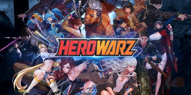 artwork decpiting several anime-style chaacter surrounding the word HeroWarz in the centre. 