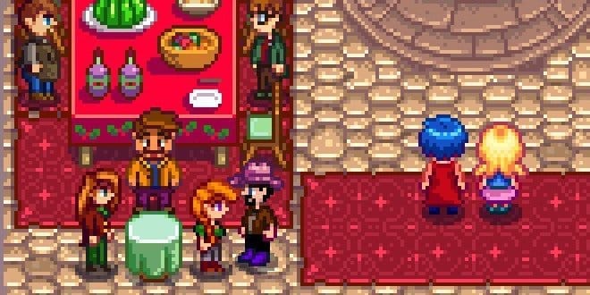Stardew Valley screenshot sohwing a pixel-art characters standing around a plaza area decorated with red carpets and fancy-looking tables laden with food. 