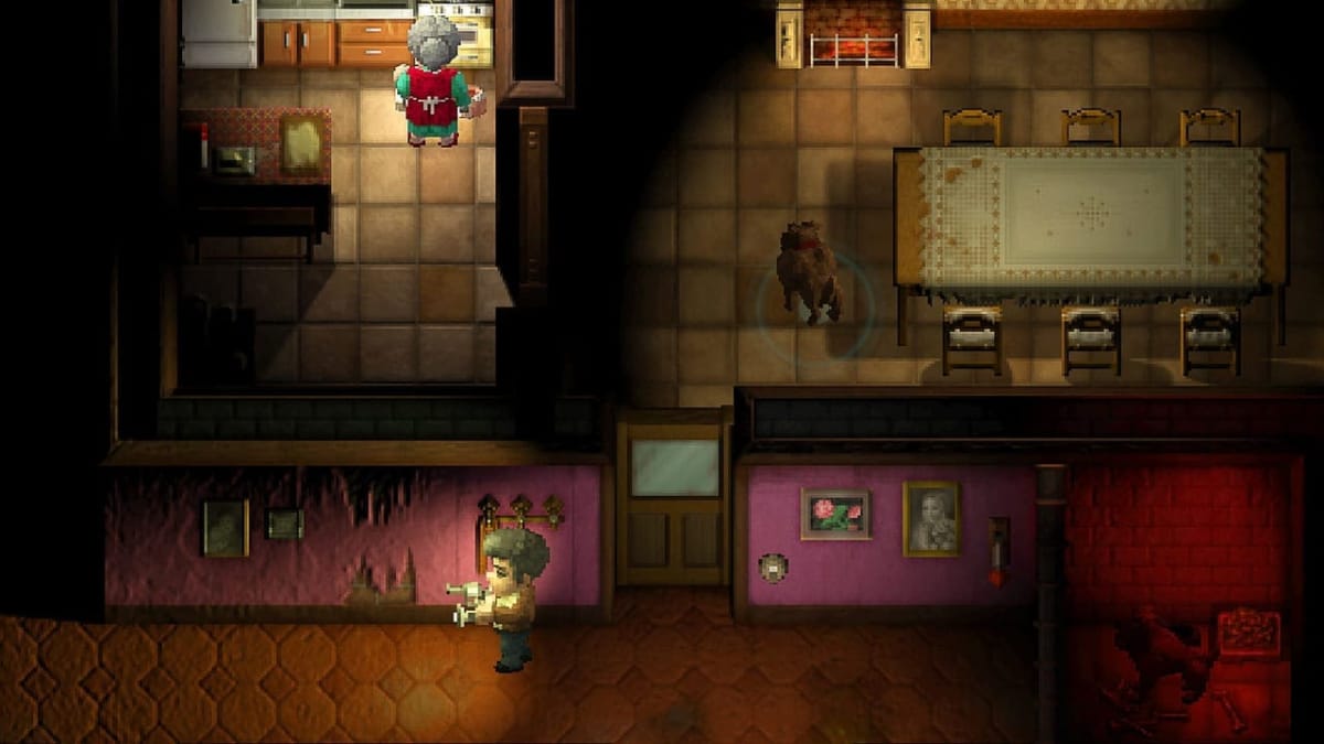 SCreenshot from 2Dark showing several pixel-based character walking around a grubby house from a top-down perspective. 