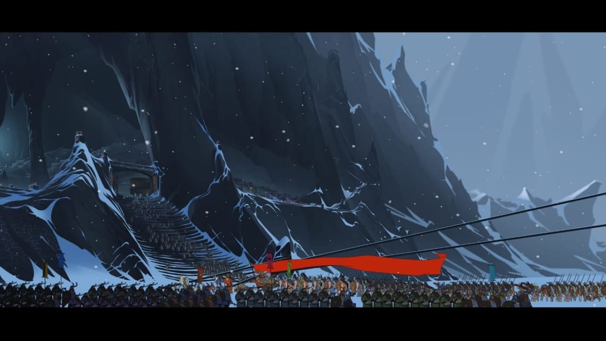 The Banner Saga screenshot showing a snowy mountainside with many people gathering around it. 