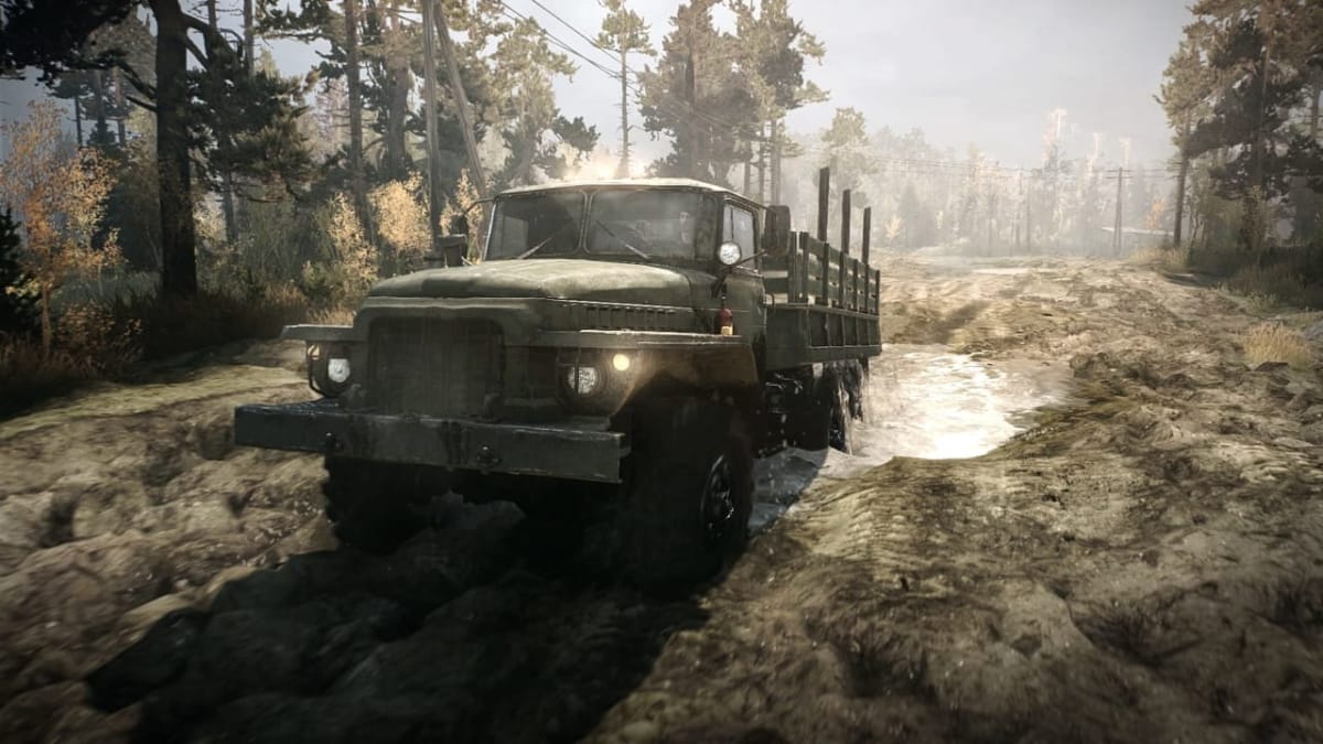 Spintires Mudrunner screenshot showing a Flatbed Truck in a rural american location 