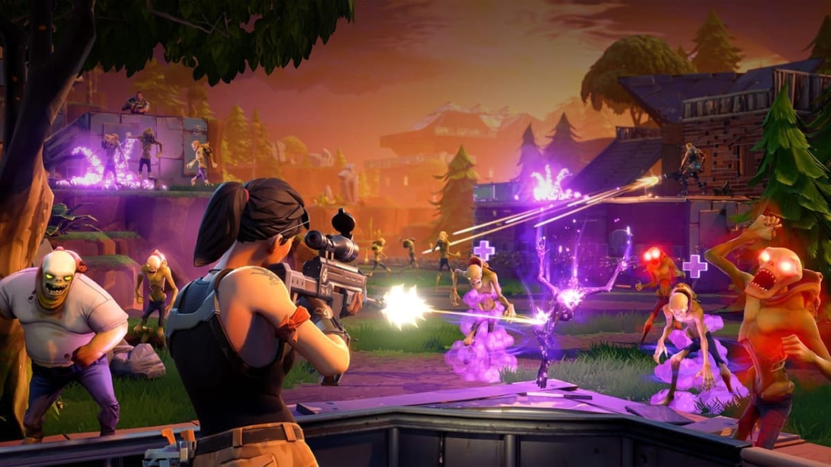 Fortnite screenshot showing Ramirez Shooting into a crowd of hyper-colored enemies. 
