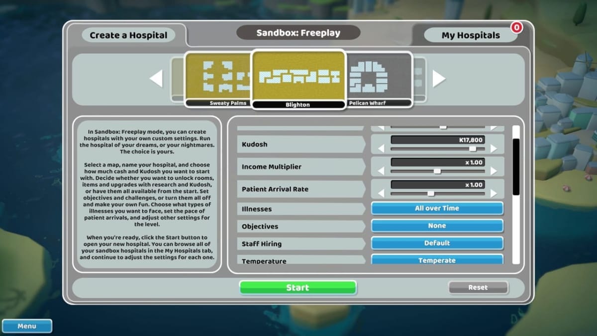 two point hospital - sandbox mode menu