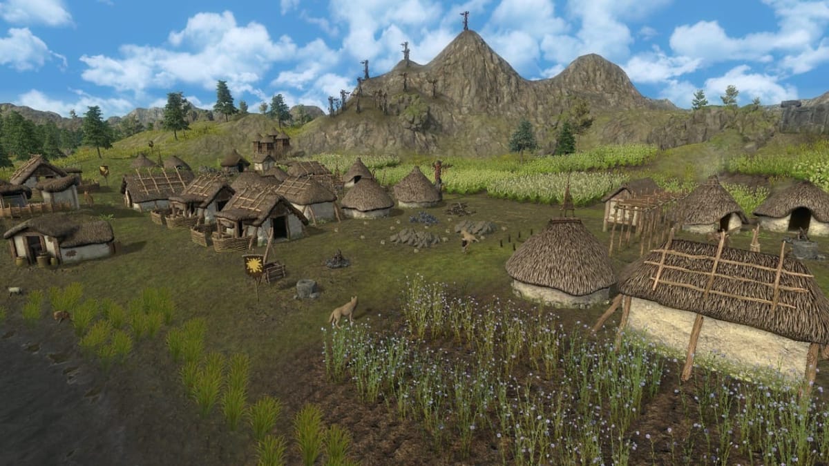 game screenshot showing an ancient rural village constructed of wattle and daub with thatched roofs. 