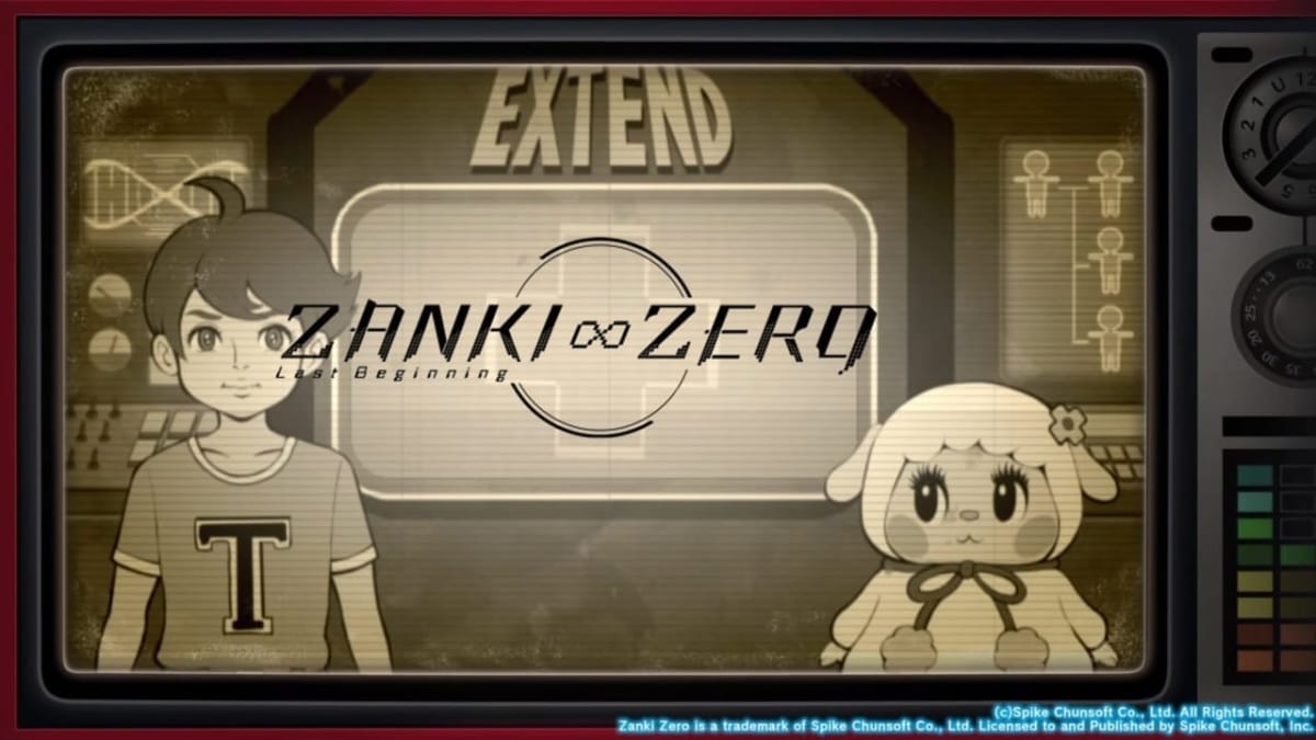 game screenshot showing a cartoon lamb and a cartoon teenager standing on either side of a screen that reads; Zanki Zero. 