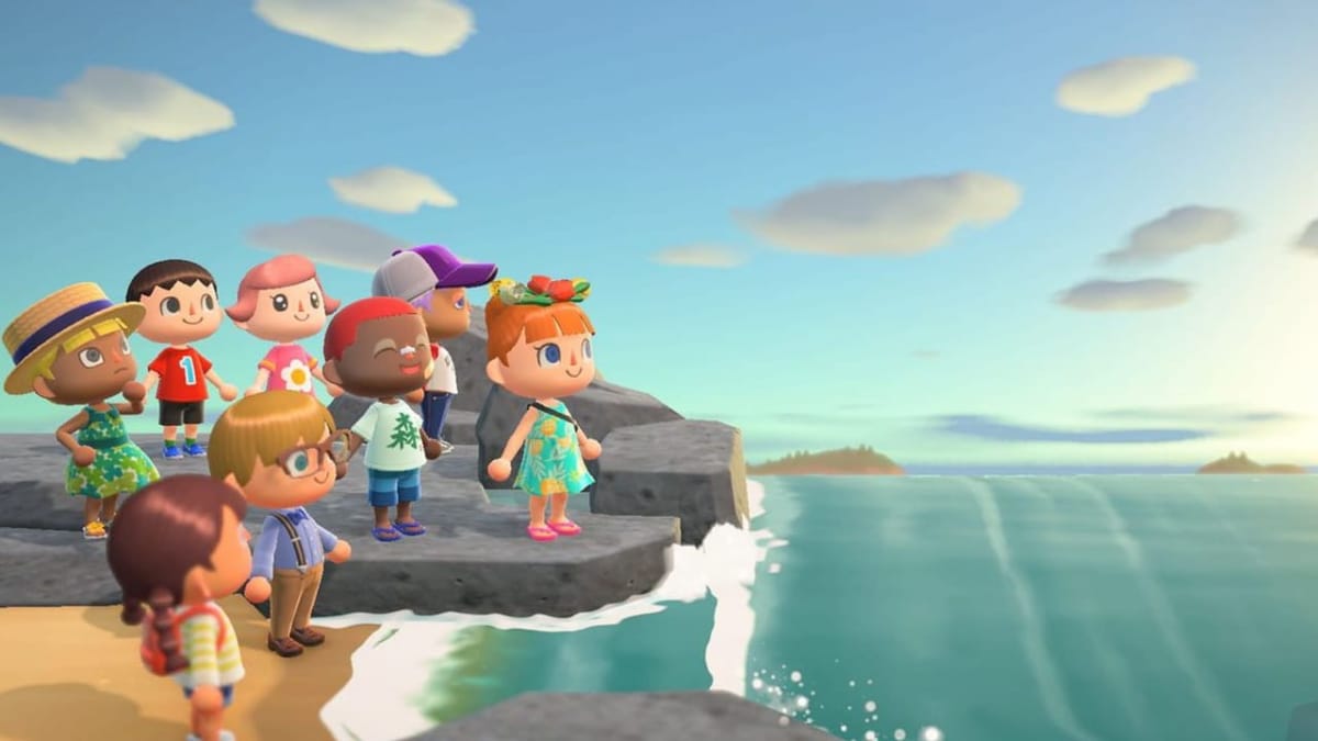 Characters gathered around a boat in Animal Crossing: New Horizons