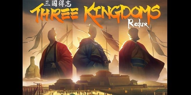 board game artwork featuring three chinese leaders dressed in official garb of the Three Kingdom's Period with the title "three kindgoms redux" written at the top of the image. 