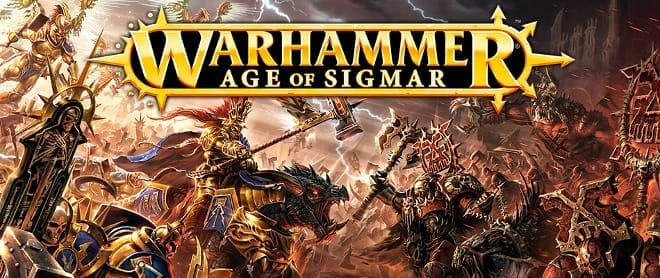 Banner artowkr depicting grim cosmic-fantasy characters battling in a huge melee with the words Warhammer: Age of Sigmar printed across the top./ 