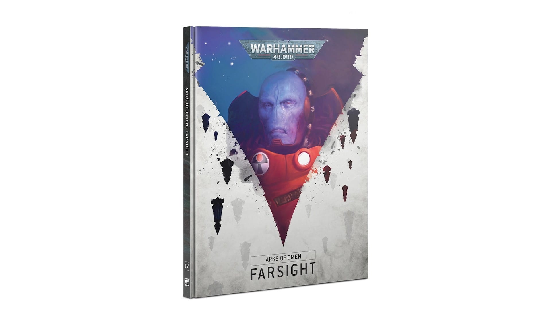 The book cover of Arks of Omen: Farsight, featuring the face of Commander Farsight on the front