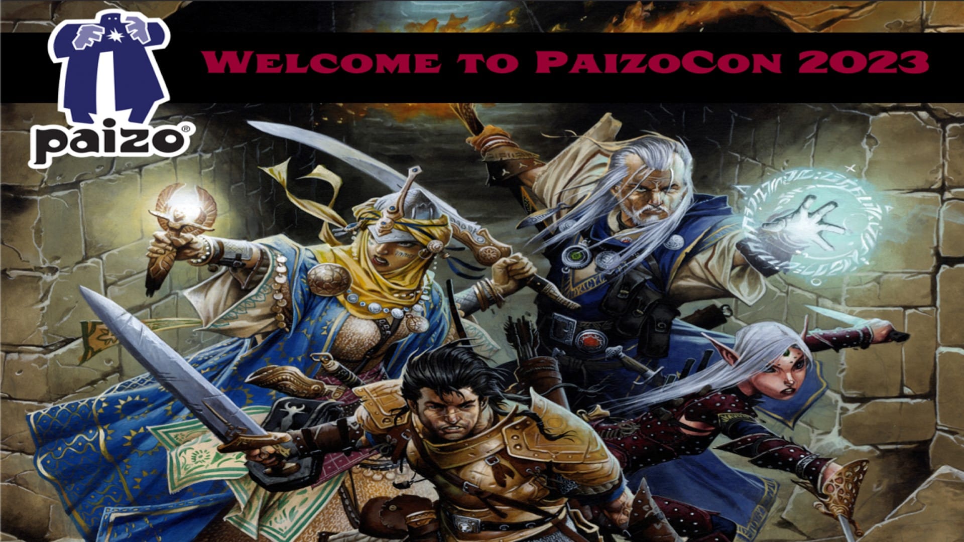 The Paizocon 2023 online banner, featuring various Pathfinder iconic heroes.