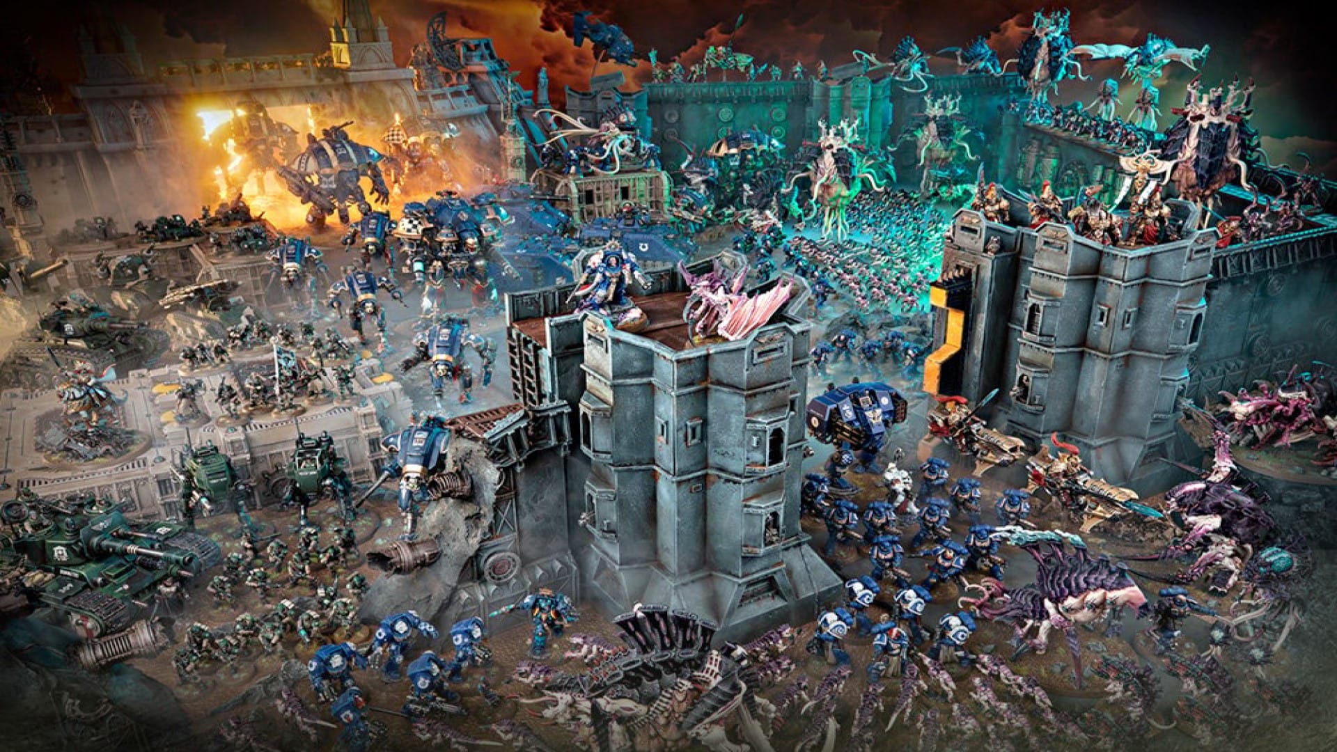 A table of miniatures from Warhammer 40k 10th Edition, including Space Marines and Tyranids