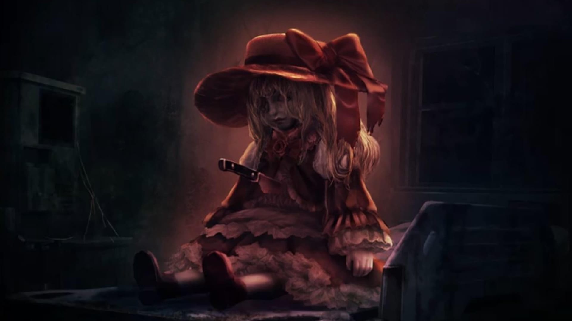 A creepy doll with a knife stabbed through it in artwork for Corpse Party II: Darkness Distortion