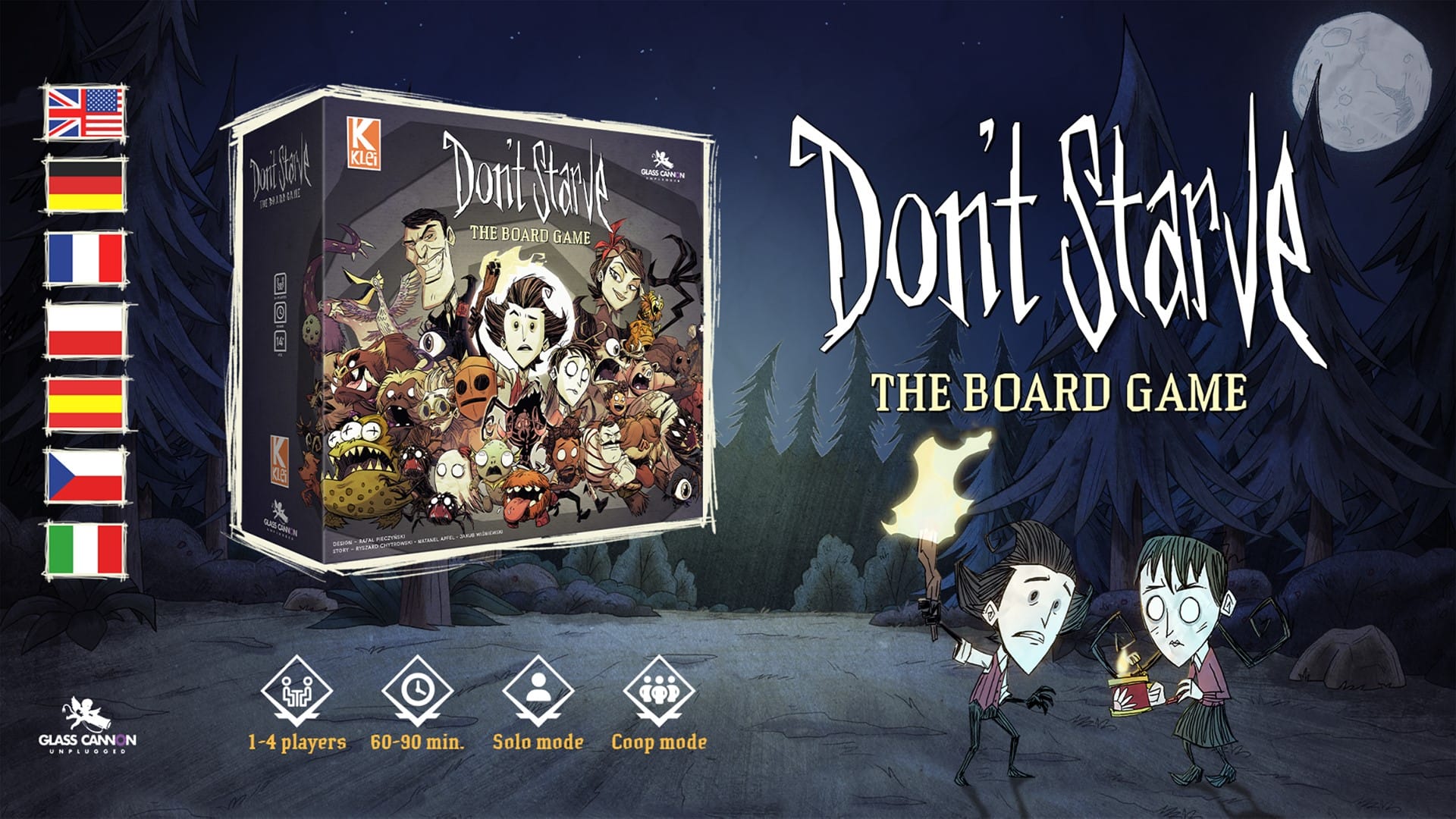Promotional artwork of Don't Starve: The Board Game, featuring the box, and the male and female protagonists in a dark spooky forest.