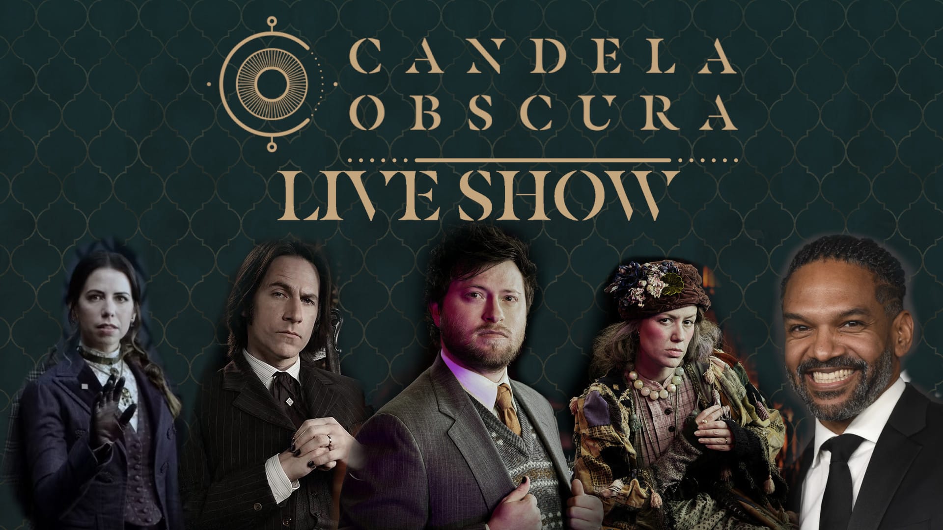 The Candela Obscura Live Show players including Matt Mercer, Laura Bailey, Marisha Rey, Spenser Starke, and Khary Payton