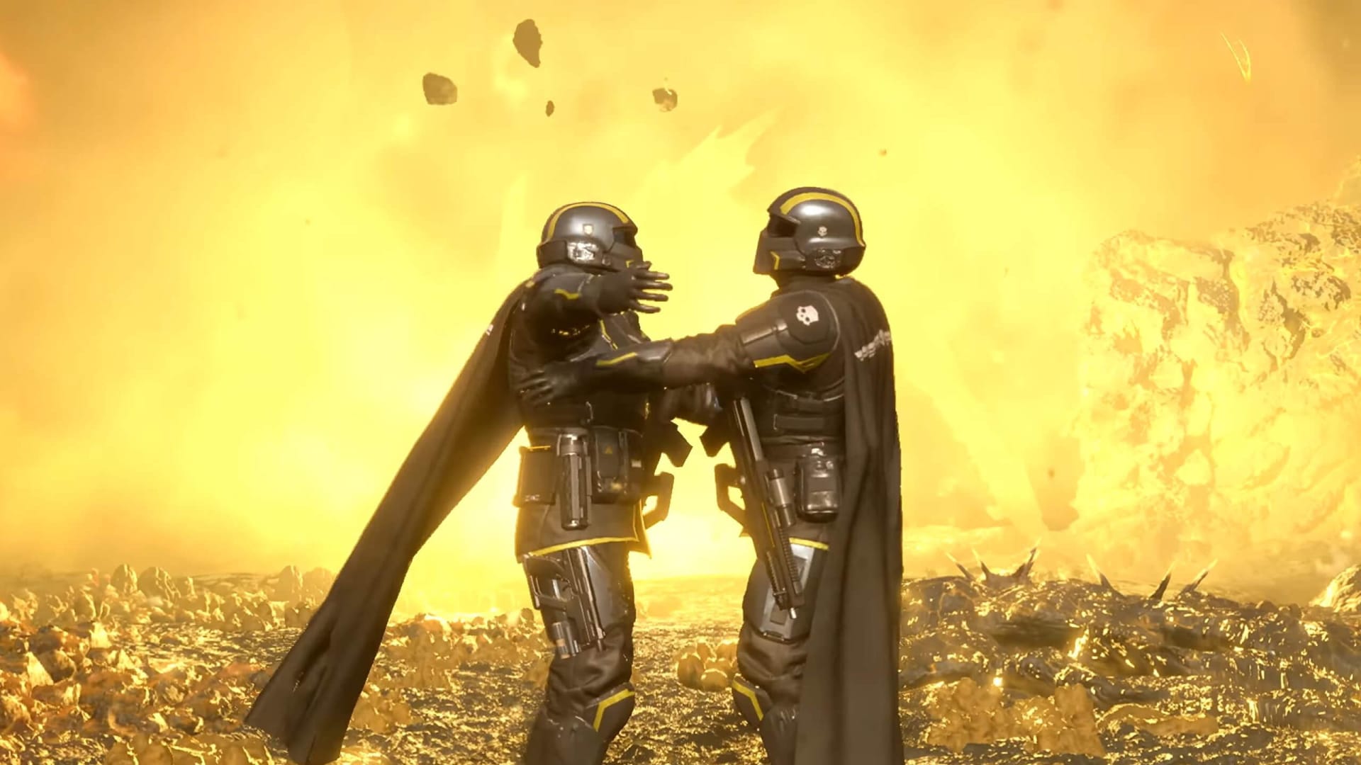 Two Helldivers about to embrace in Helldivers 2