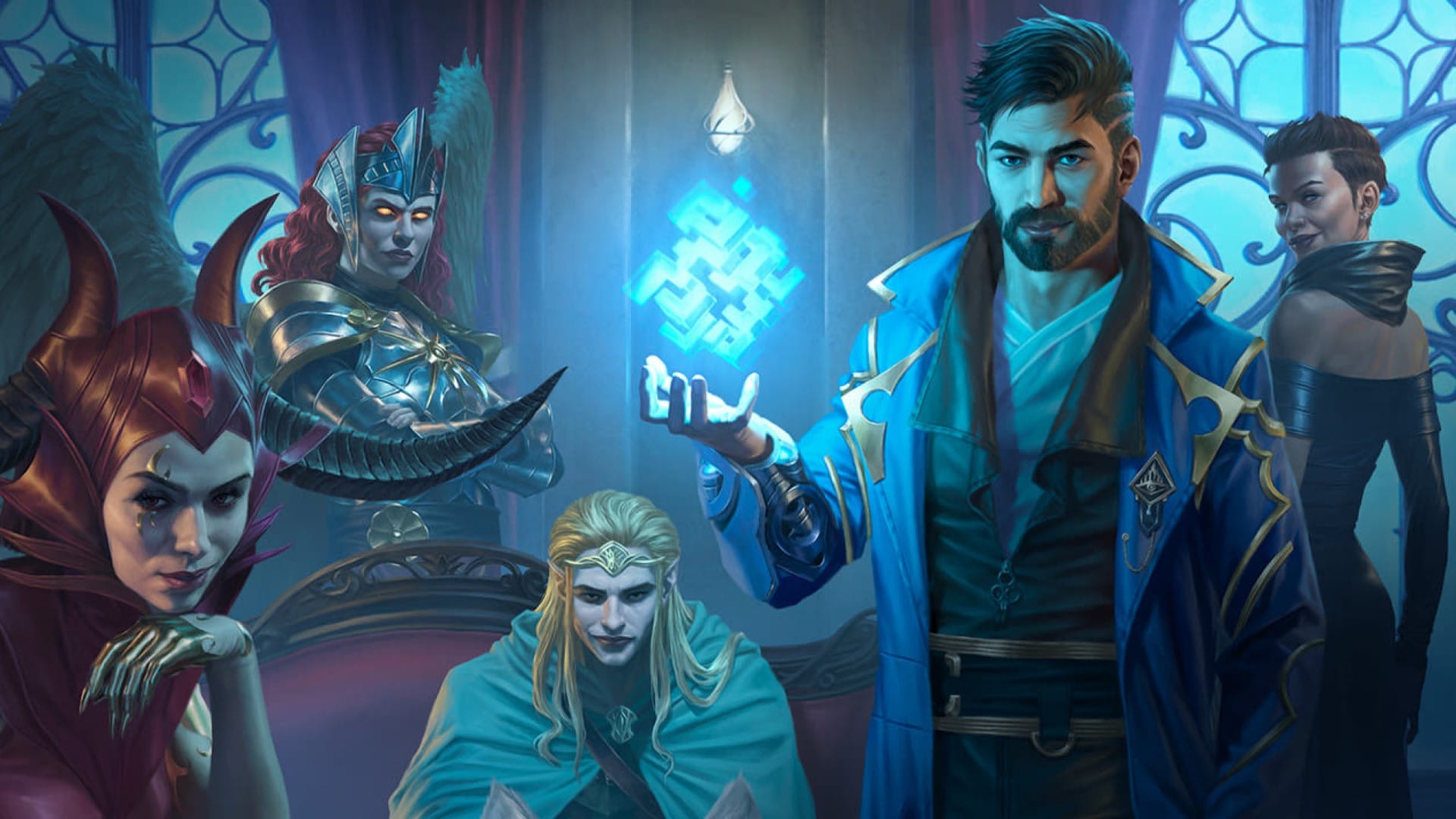 Promo artwork of the Magic The Gathering set Murders at Karlov Manor, showing a collection of major characters in a dimly lit manor.