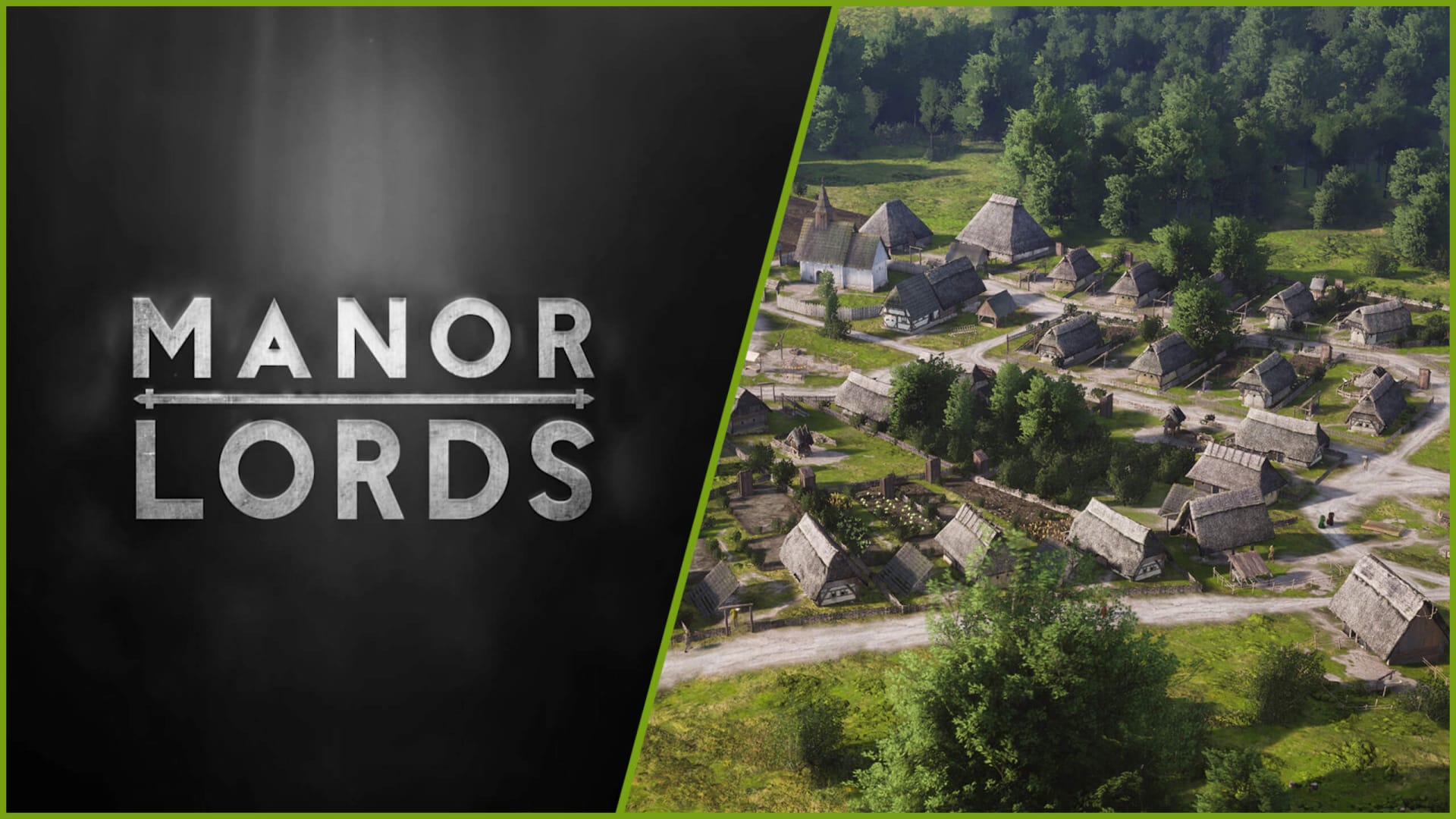 The Manor Lords logo next to a shot of a village from the game
