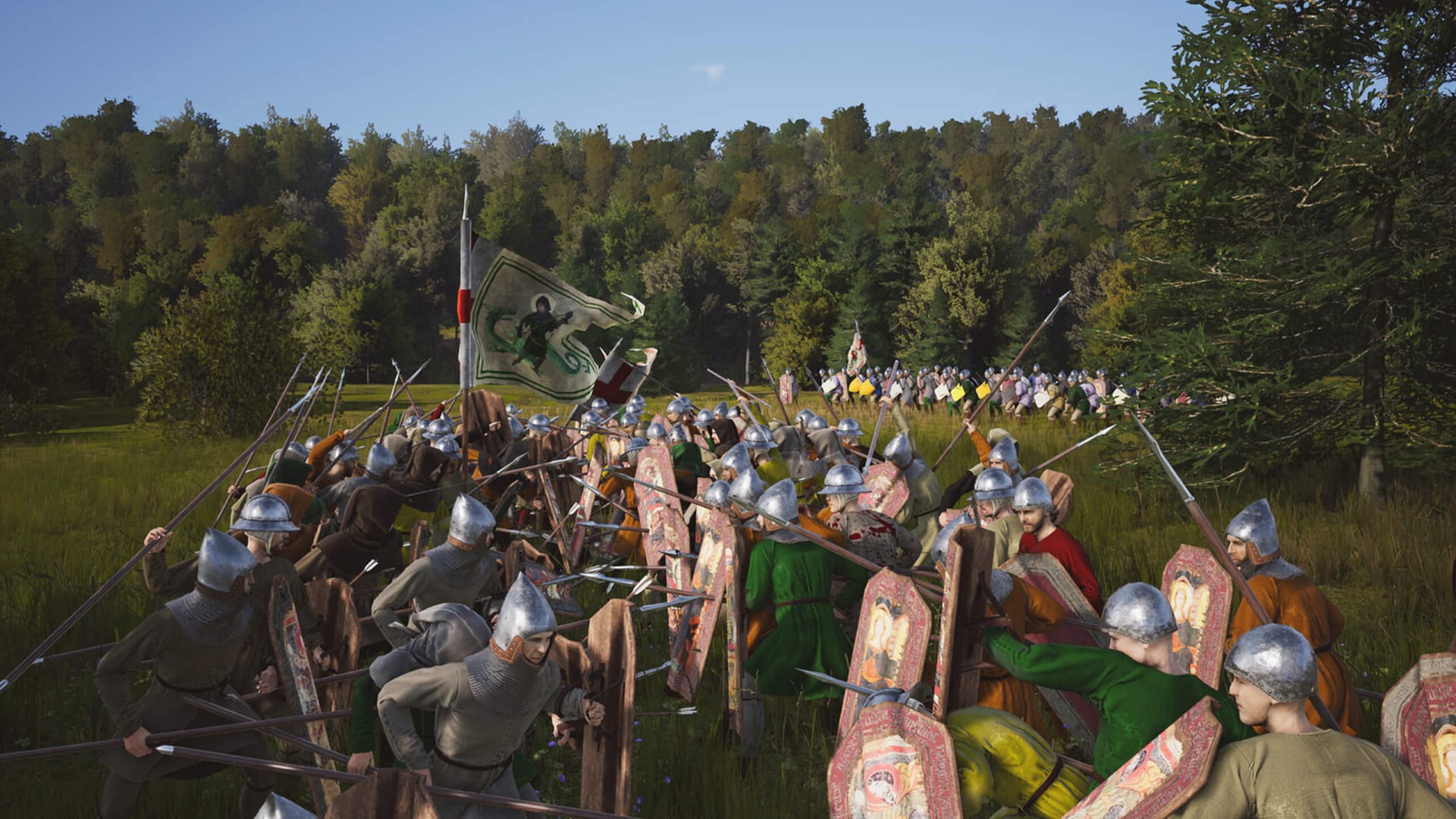 A large-scale battle in the medieval city-builder Manor Lords