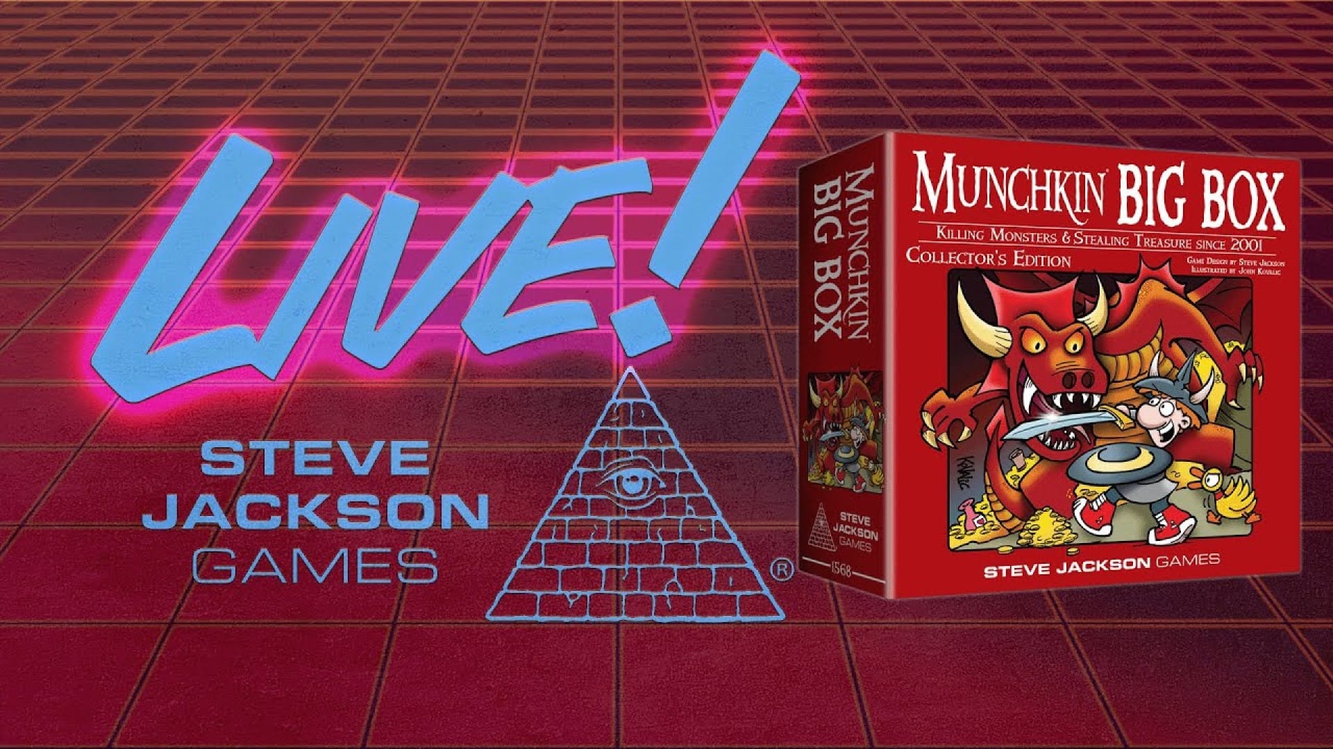 Promo Image of the Munchkin Big Box Backerkit campaign, showing box art alongside the word "Live!" in large letters.