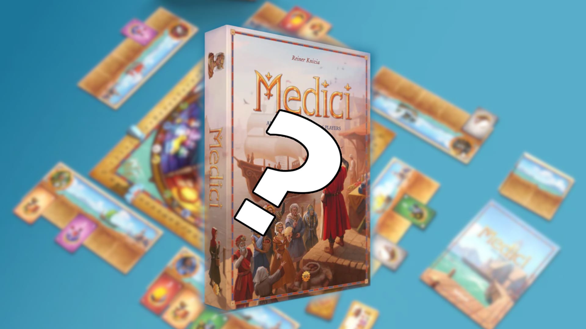 Medici game and board components with a question mark in front