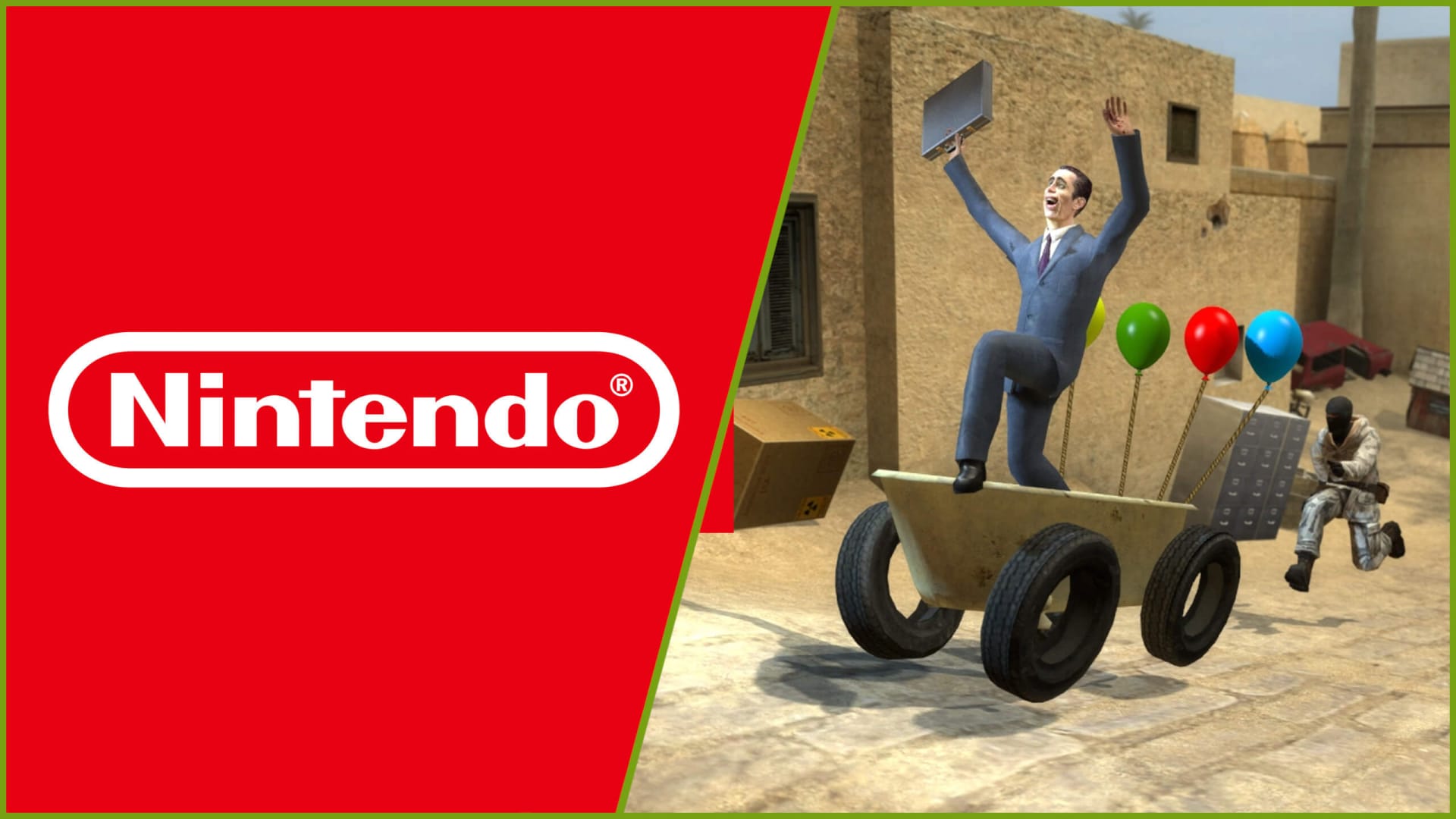The Nintendo logo next to a shot of the G-Man and a soldier in Garry's Mod