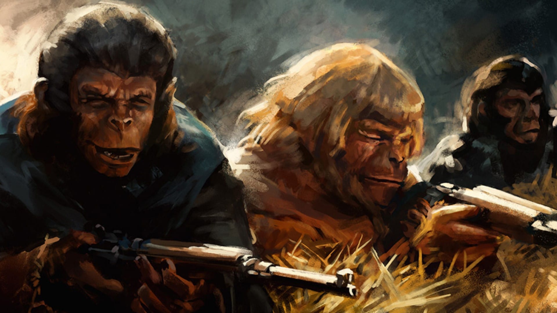 Promotional artwork of the Planet of the Apes TTRPG, showing ape characters armed with rifles.