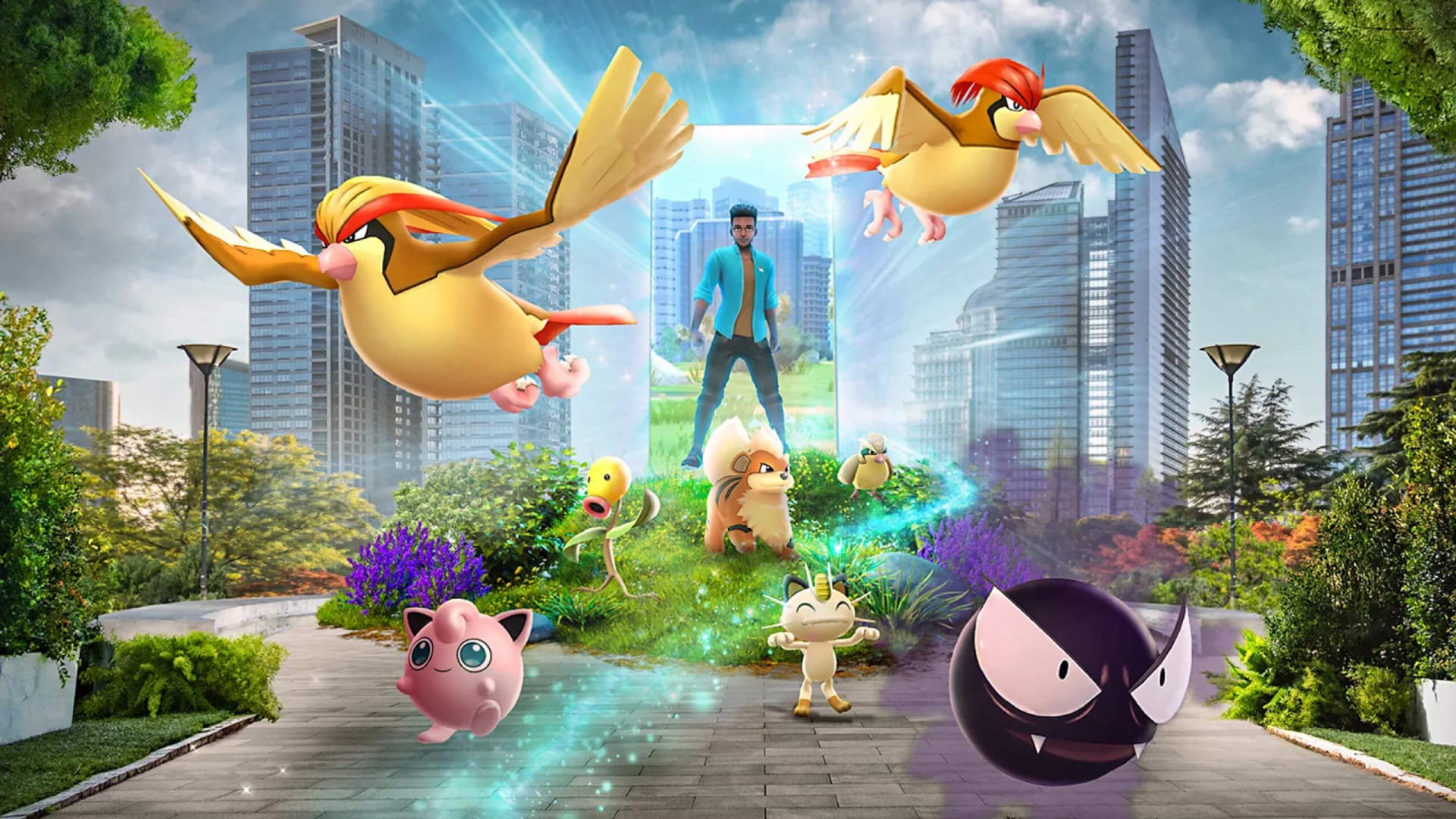A player avatar surrounded by Gen I Pokemon in Pokemon Go artwork