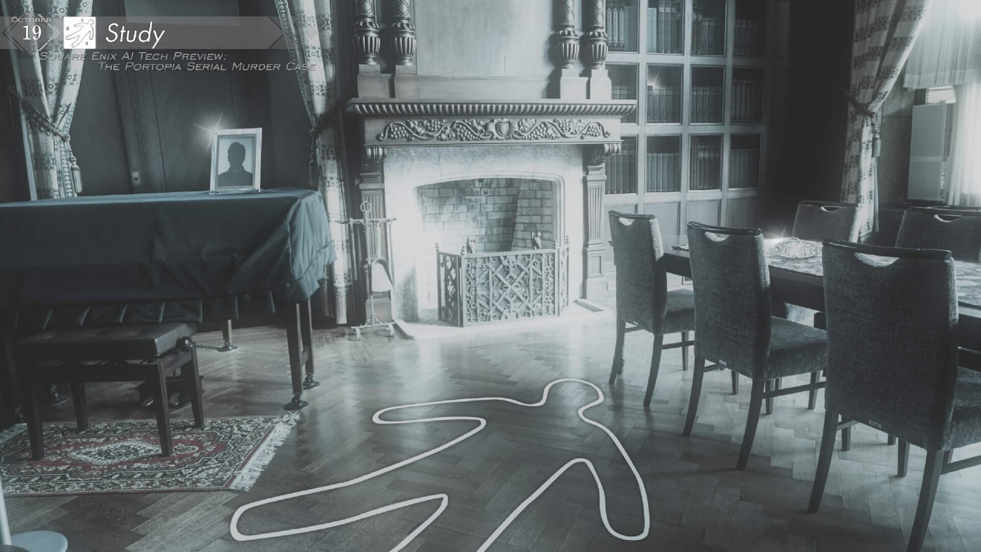 A crime scene in Portopia Serial Murder Case where the player is studying what is going on with the former location of a corpse in an old styled living room outlined in white tape
