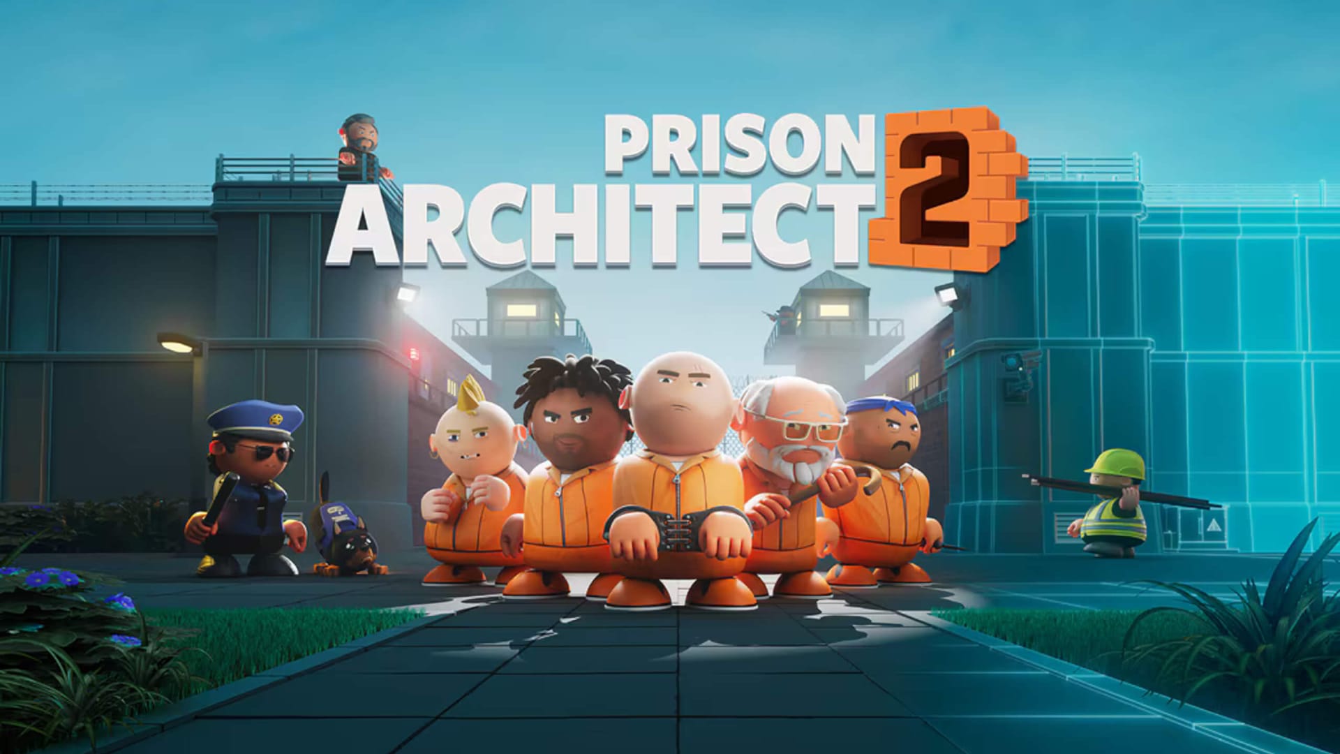 Key art for Prison Architect 2, which depicts a number of prisoners standing in front of a prison