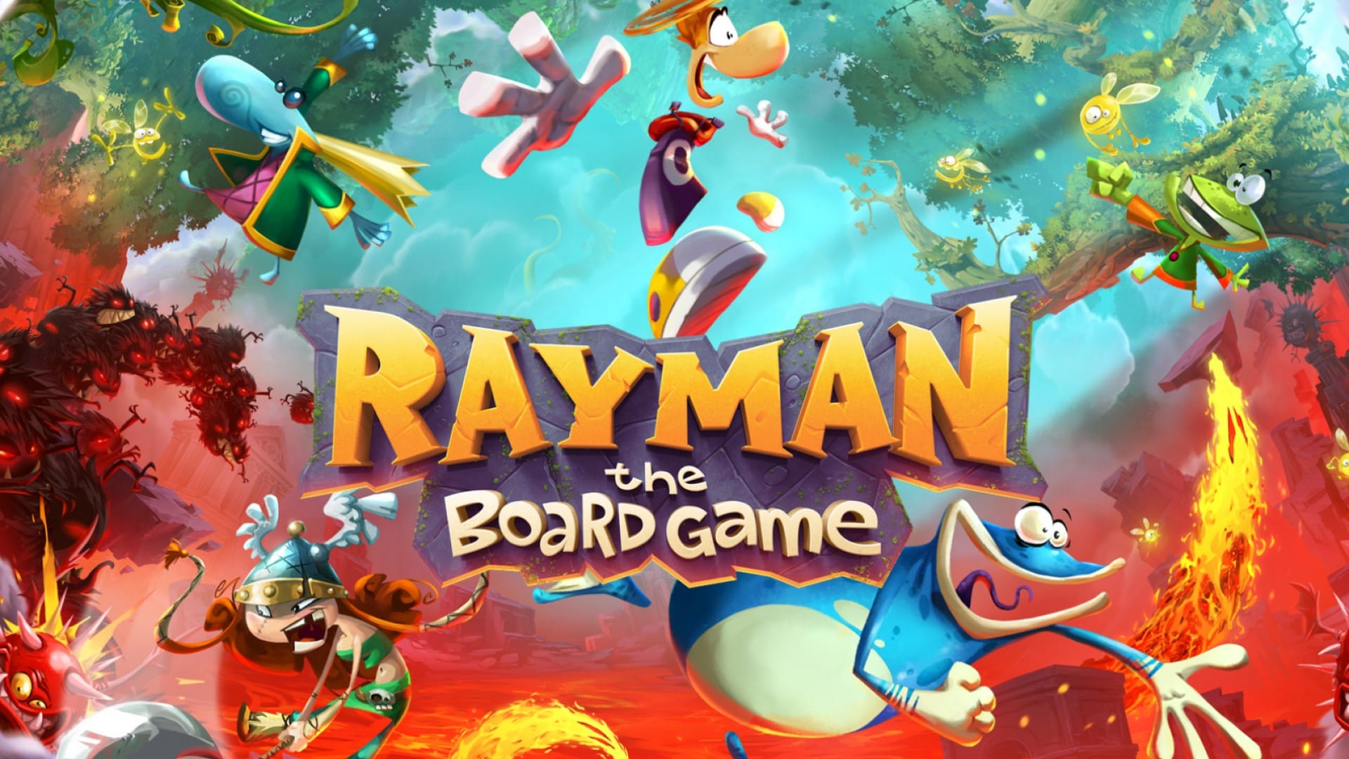 A promotional image of Rayman The Board Game, showing a splash page of Rayman, Globox, and Barbera surrounded by monsters and Teensies.