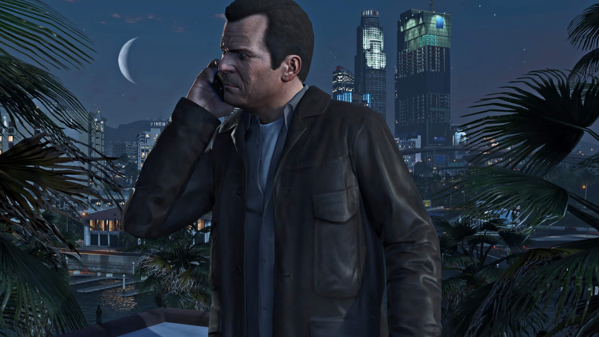 Michael on his phone in Grand Theft Auto 5, a game published by Take-Two Interactive subsidiary Rockstar Games