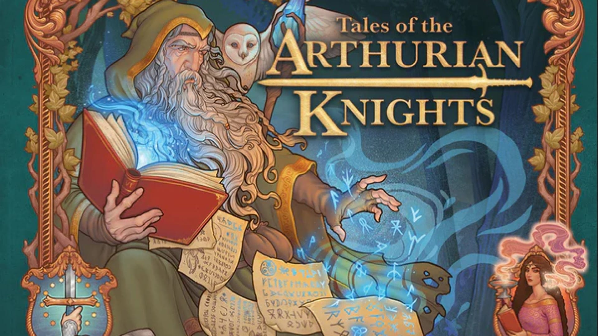 Box art of Tales of the Arthurian Knights, showing Merlin with an open spell book, a snowy owl can be seen sitting on his shoulder.