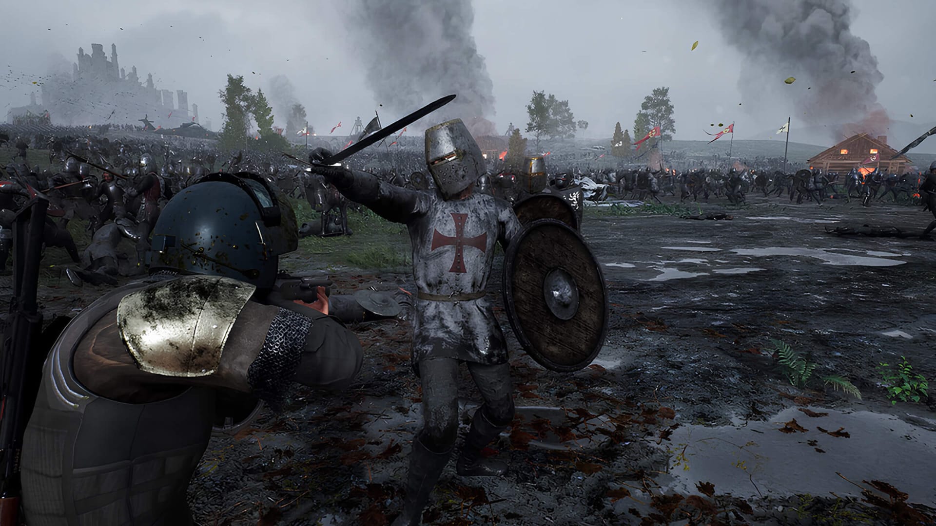 A player aiming a gun at a knight in armor in the tinyBuild game Kingmakers