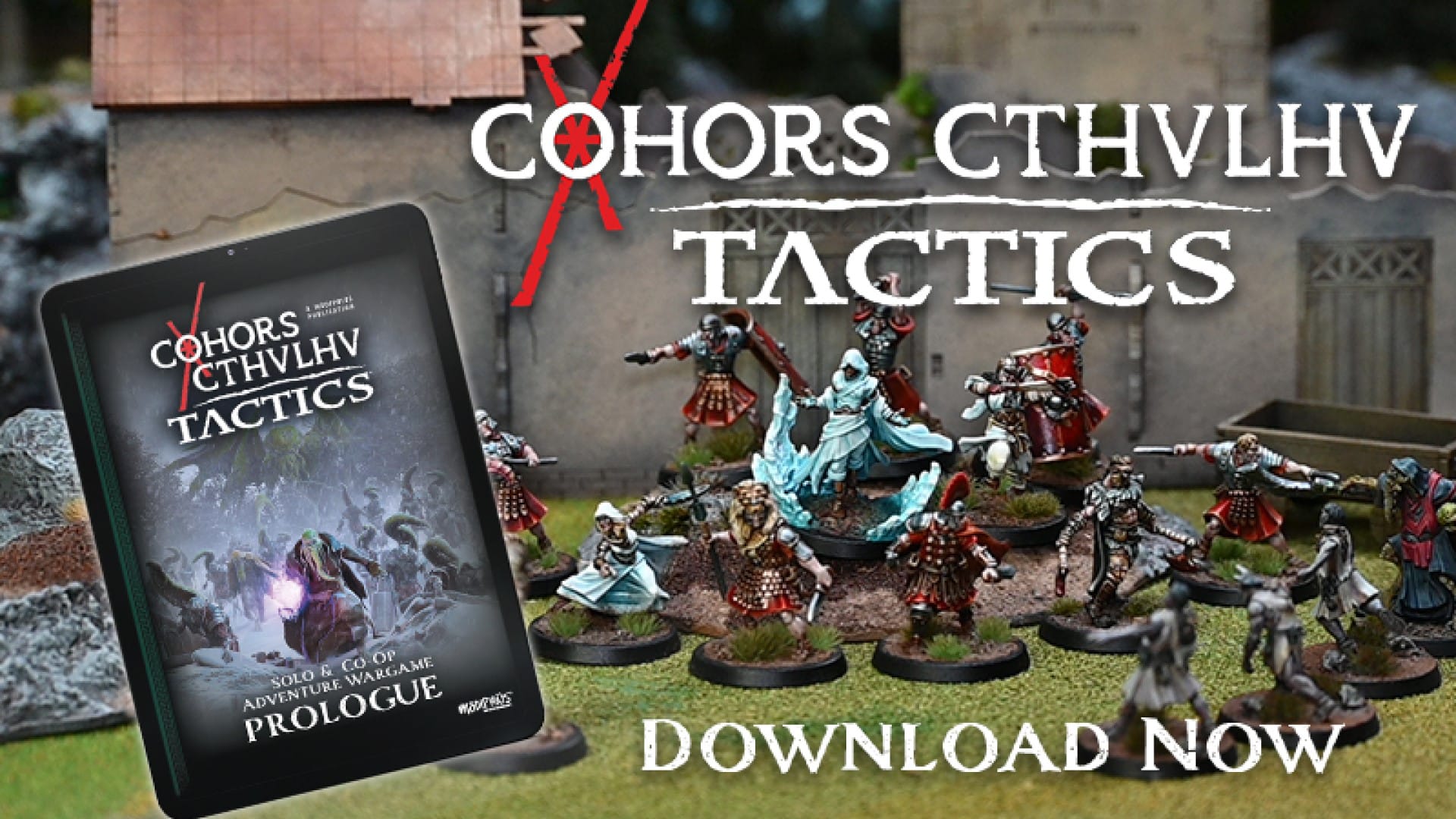 A promotional image of the Cohors Cthulhu: Tactics quickstart rules, showing a group of miniatures on a battlefield.