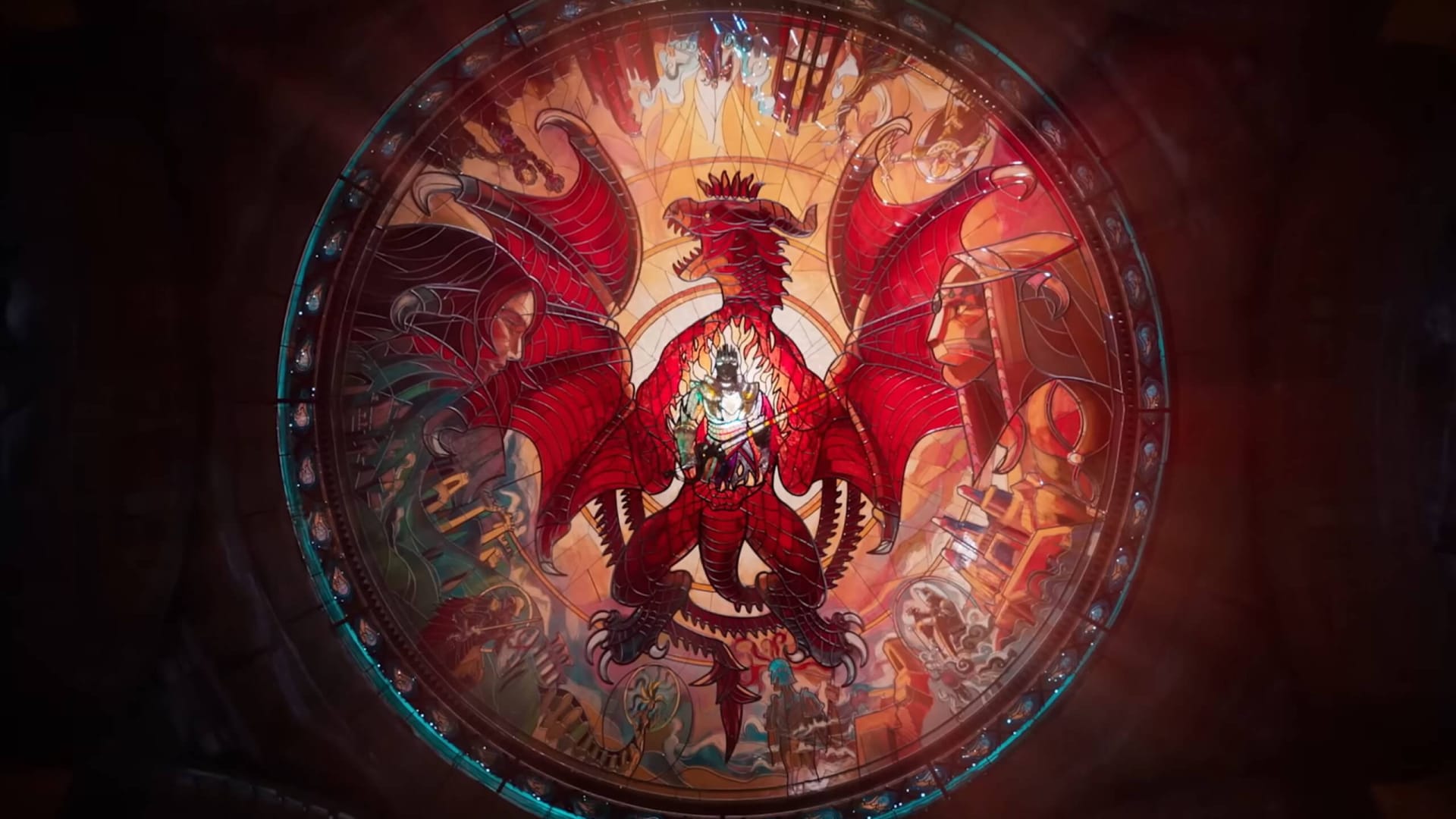 A stained-glass window-style image showing a dragon and the hero in Dragon's Dogma 2, which has topped Circana's sales data for March 2024