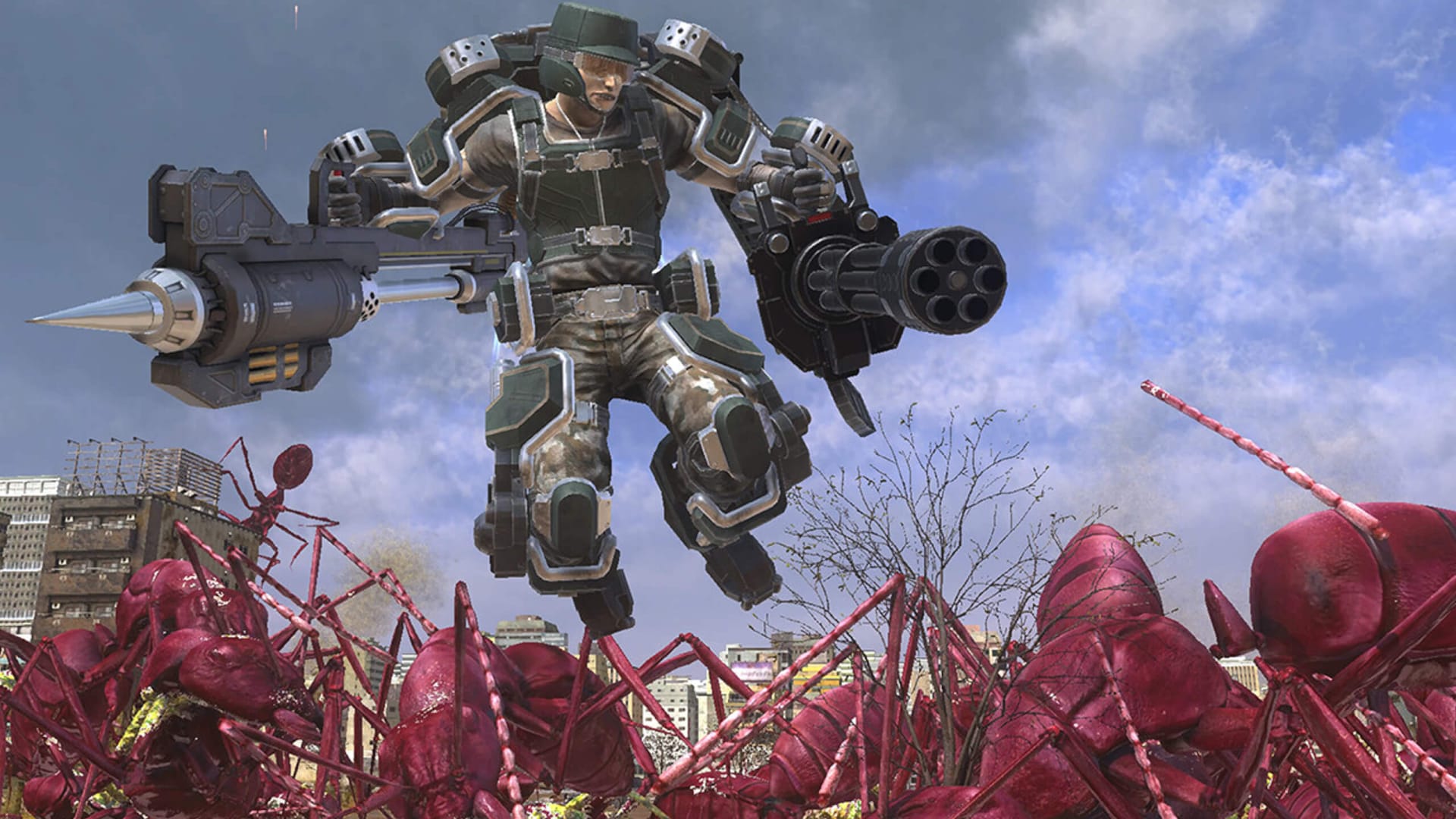 A soldier flying over a horde of bugs in Earth Defense Force 6