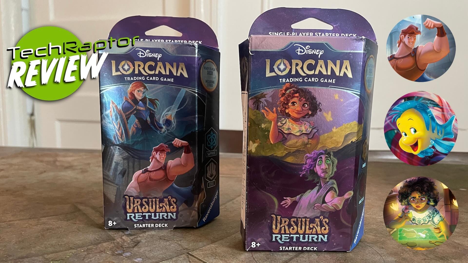 An image of two Lorcana Ursula's Return Starter Decks along with circular images of Hercules, Flounder, and Bruno Madrigal.