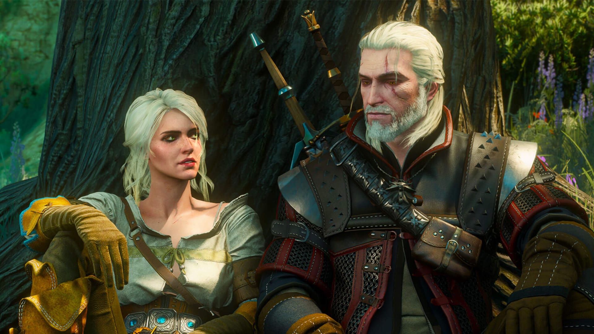 Geralt and Ciri sitting next to each other in The Witcher 3