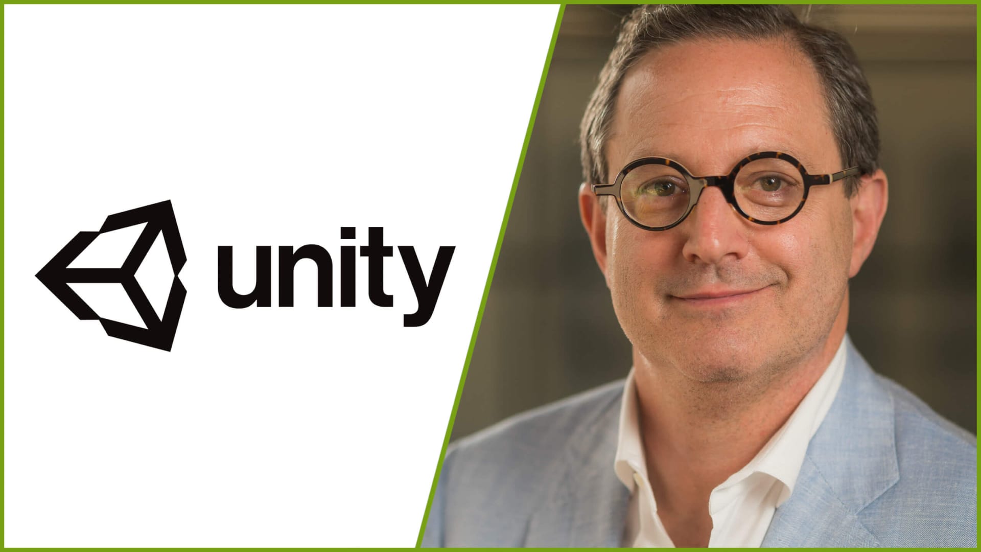 The Unity logo next to a picture of its new CEO Matthew Bromberg