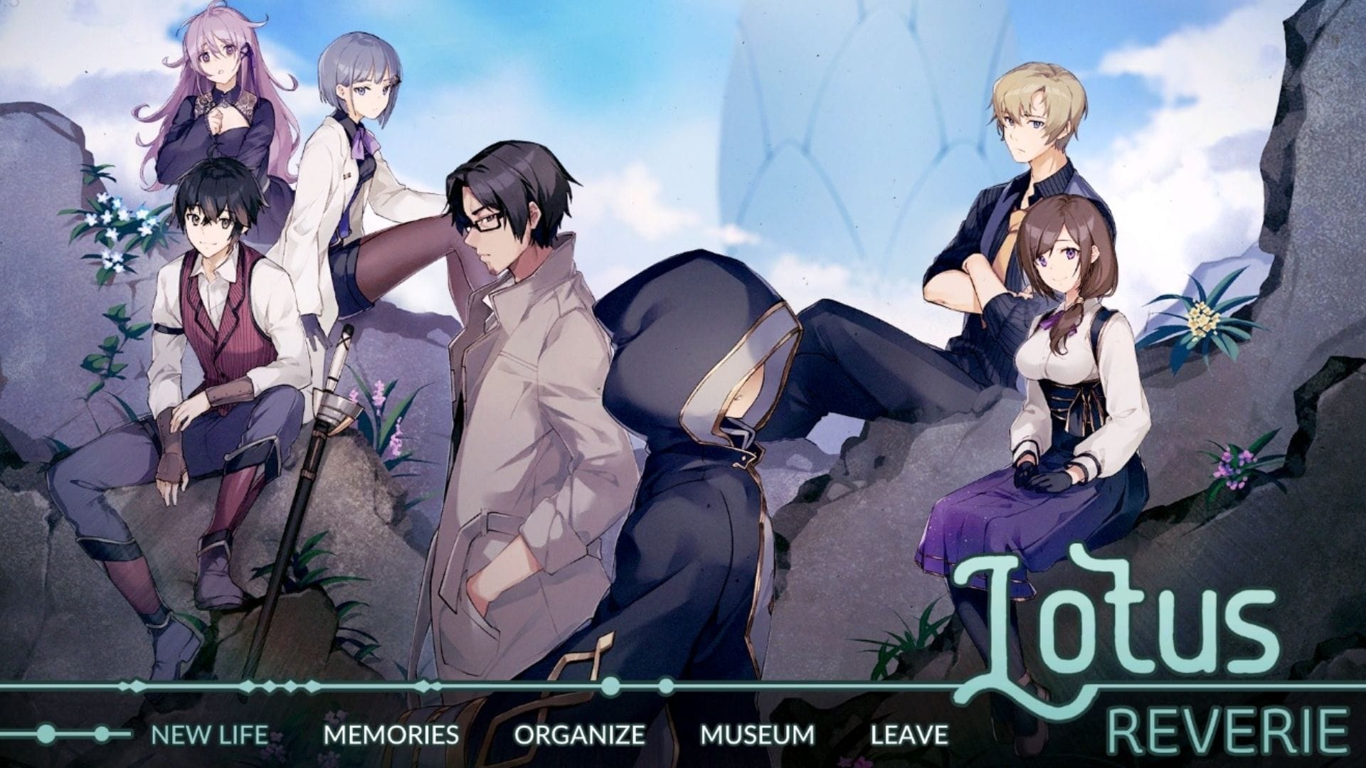 The title screen to Lotus Reverie: First Nexus, showing the main characters