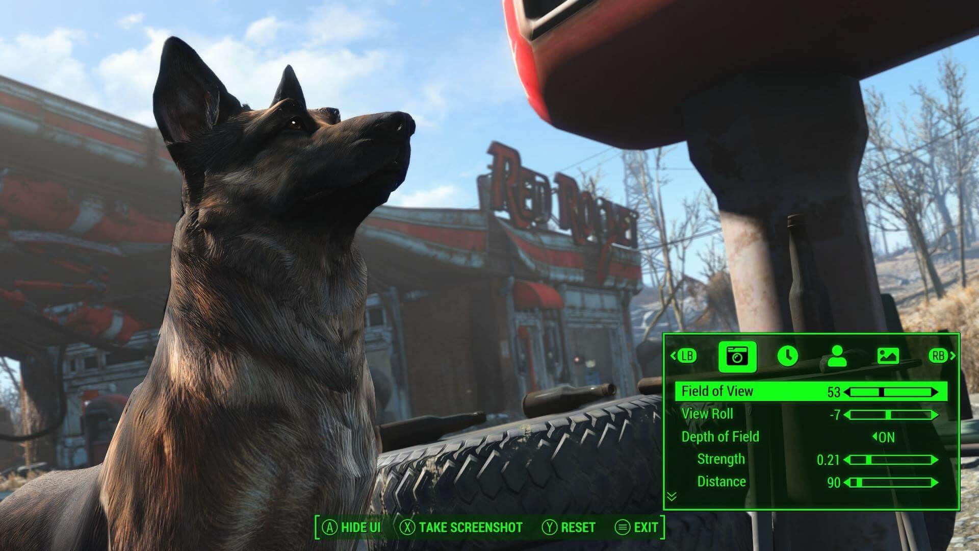 Dogmeat standing for a picture with a Fallout 4 Photo Mode mod.