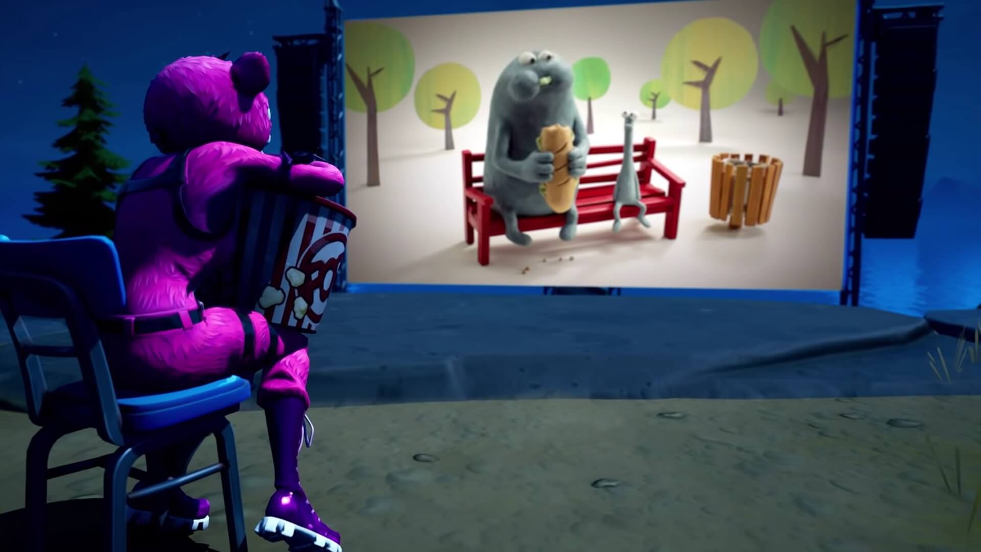 A Fortnite character watching Bench, one of the shorts airing at the Short Nite Film Festival.
